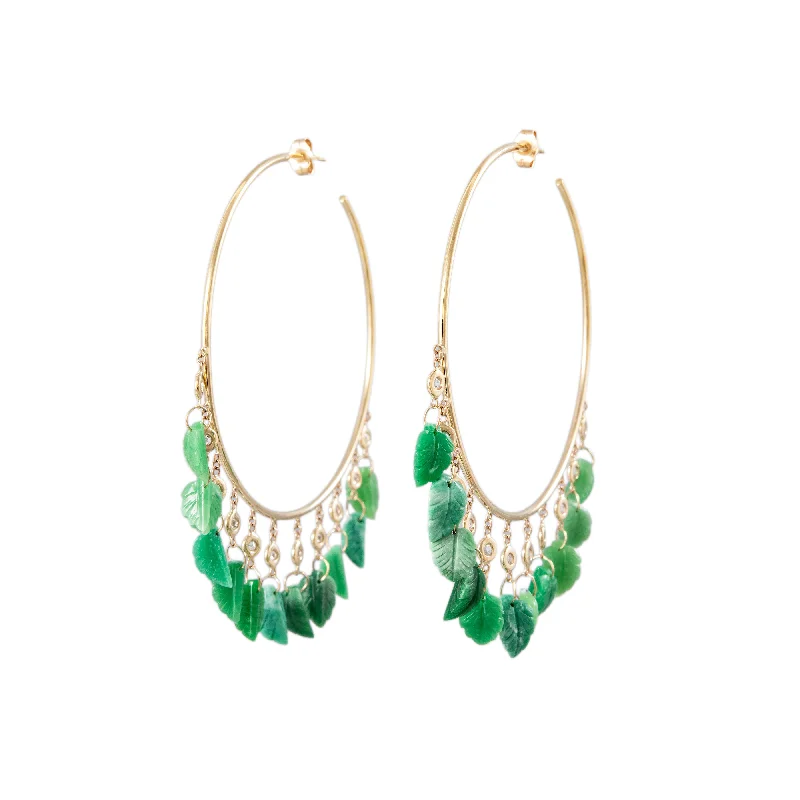 Ladies unique floral hoop earrings -11 DIAMOND CHRYSOPRASE LEAF SHAKER HOOPS