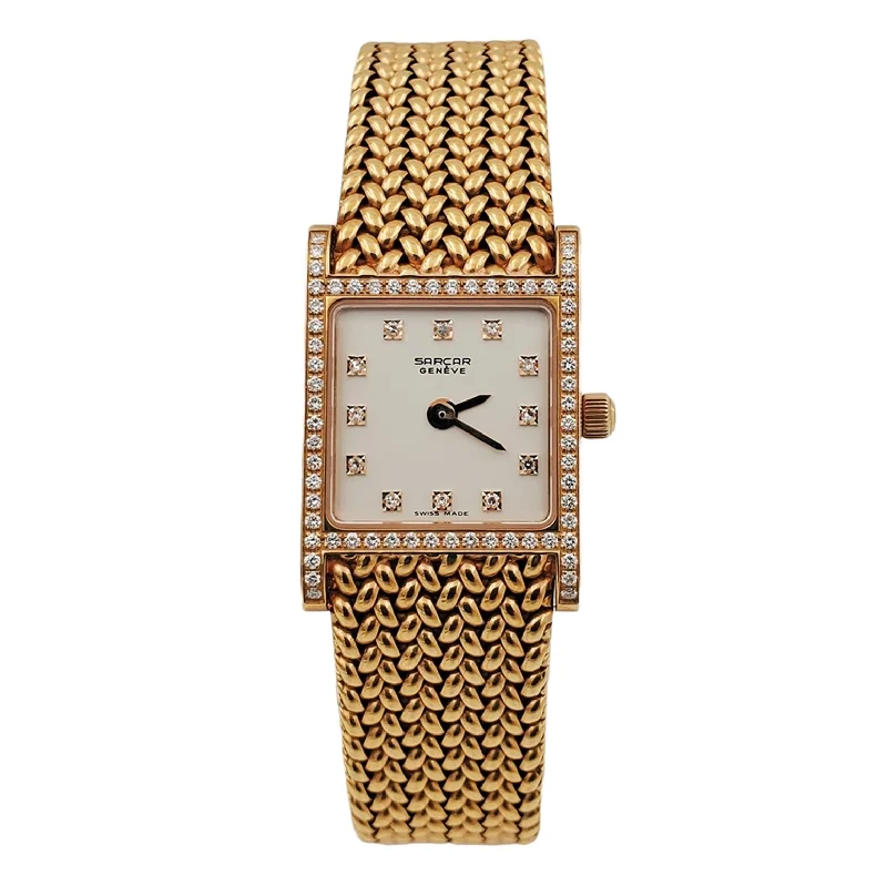 Modern geometric diamond engagement rings -Ladies Sarcar Time Square Lady 18K Yellow Gold Watch with Solid Gold Band, Pearl White Diamond Dial and Diamond Bezel. (NEW 51503)