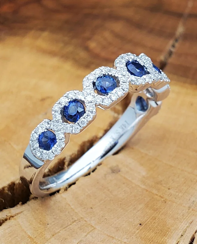 Ladies elegant onyx engagement rings -14K White Gold Blue Sapphire Diamond Band