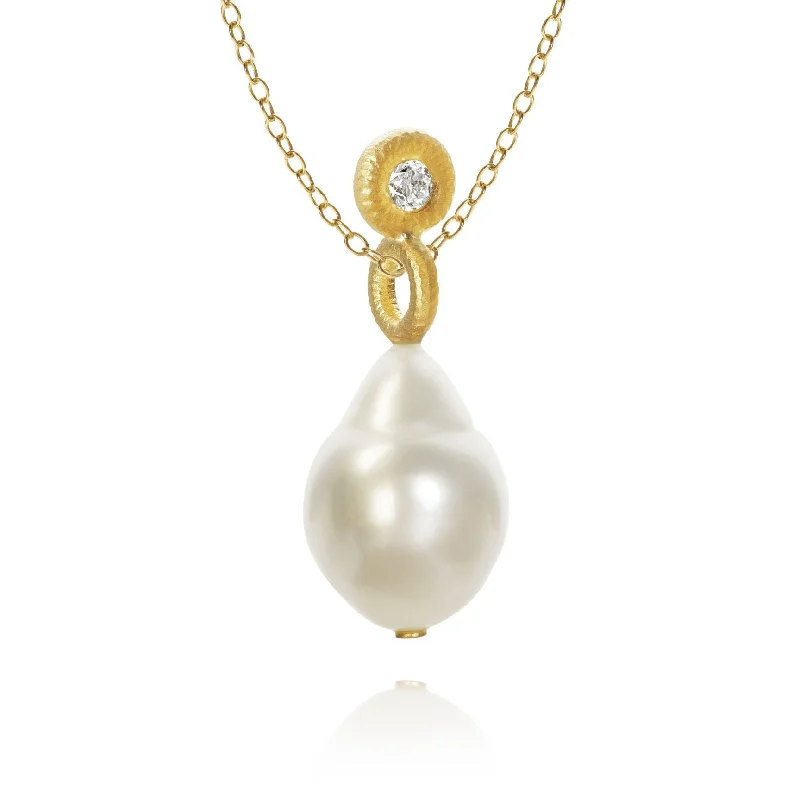 Ladies birthstone necklaces -Glory Balance 18K Gold Pendant w. Diamond & South Sea Pearl