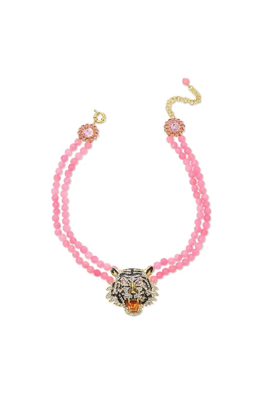 Ladies beaded necklaces -Eye Candy Los Angeles - Tiger Rose Quartz Beaded Statement Drop Necklace