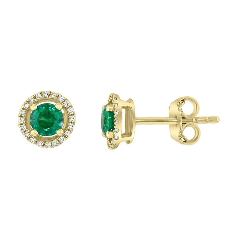 Ladies bold geometric earrings -May Birthstone Earrings: 14K Yellow Gold Diamond And Emerald Halo Earrings