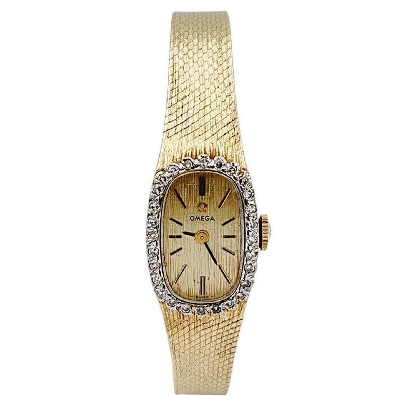 Modern geometric diamond engagement rings -Ladies Omega 20mm Petite Vintage 14K Yellow Gold Automatic Watch with Gold Dial and Diamond Bezel. (Pre-Owned)