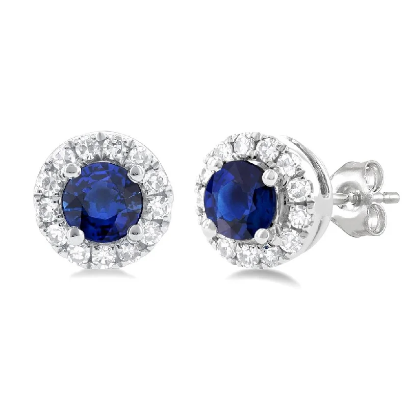 Modern gold geometric earrings for ladies -10K White Gold Sapphire And Diamond Halo Earrings