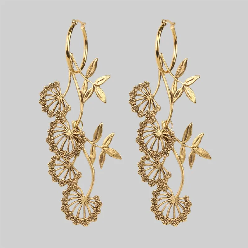 Classic pearl chandelier earrings for women -AELLA. Floral Drop Hoop Earrings - Gold