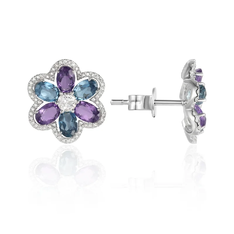 Classic rose gold stud earrings for women -14K White Gold Multi-Colored Stone Flower Earrings