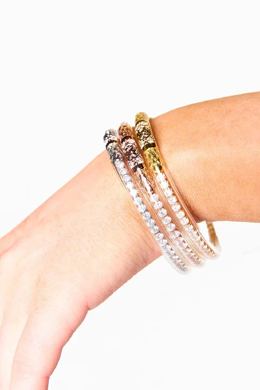 Modern silver tennis bracelets for women -BuDha Girl Three Queens All Weather Bangles - Clear Crystal