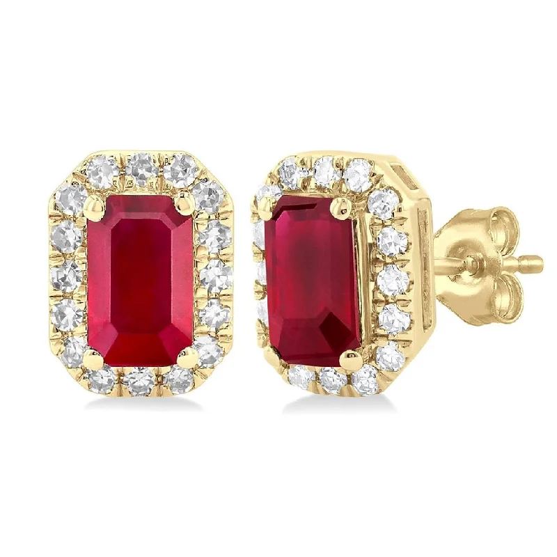 Ladies unique floral hoop earrings -10K Yellow Gold Ruby And Diamond Halo Earrings