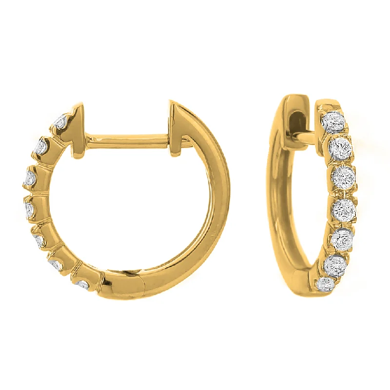 Ladies bold geometric earrings -18K Yellow Gold 15mm Round Huggie Natural Diamonds Hoop Earrings