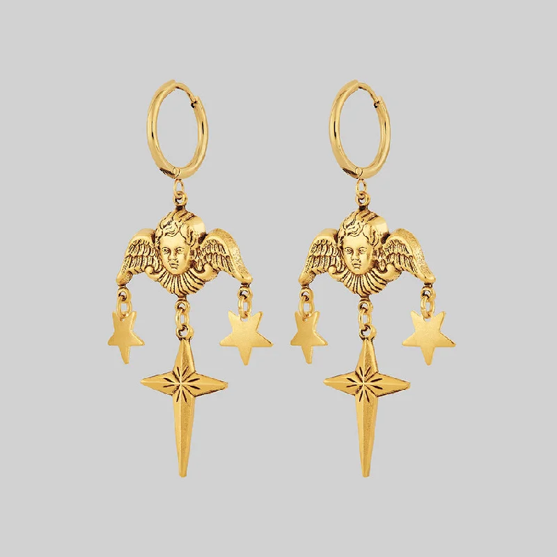 Trendy boho dangle earrings for ladies -FLORENTINA. Cherub & Stars Drop Earrings - Gold