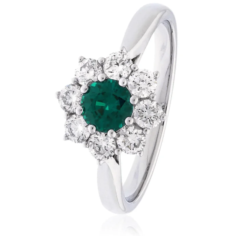 Ladies trendy silver engagement rings -Round Emerald and Diamond Cluster Ring