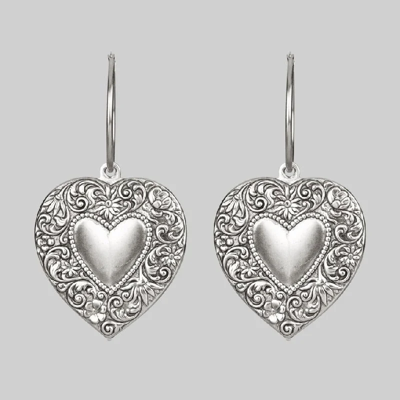 Elegant silver drop earrings for women -LOVE STRUCK. Heart Hoop Earrings - Silver