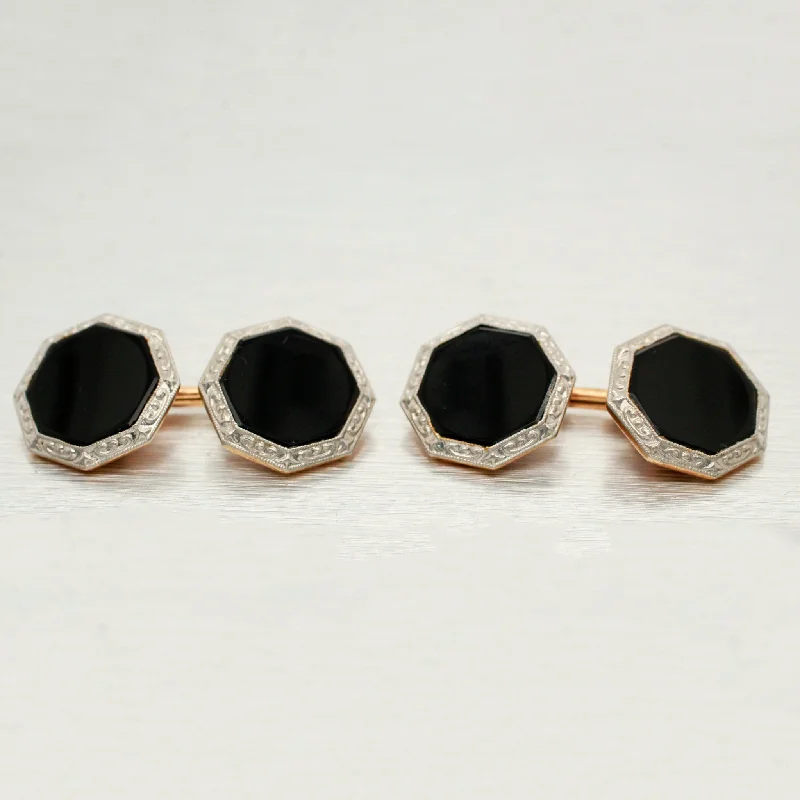 Trendy layered necklaces for women -Antique Art Deco Onyx Cufflinks - Gold & Platinum Chain Link Style - 14k Gold