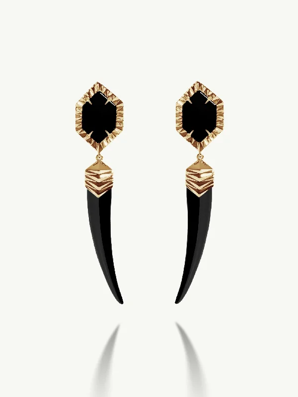 Vintage gold drop earrings for women -Alexandria Horn Talisman Drop Earrings With Black Onyx Agate In 18K Yellow Gold