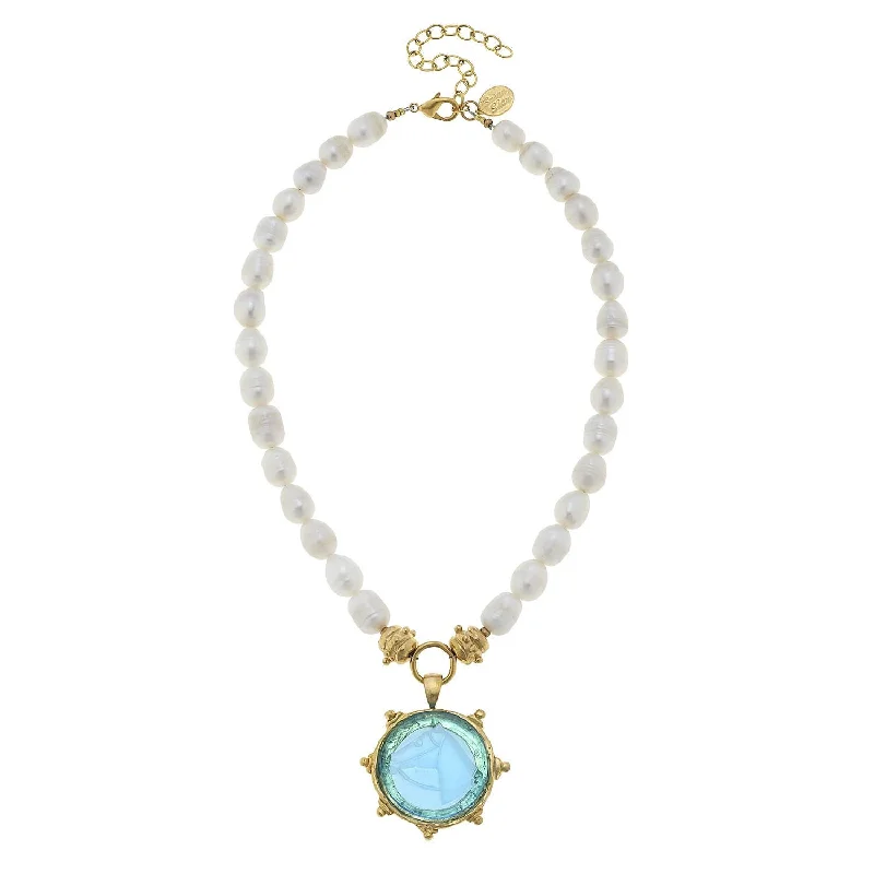 Ladies infinity necklaces -Susan Shaw - Aqua Venetian Glass Horse Intaglio on Genuine Freshwater Pearl Necklace