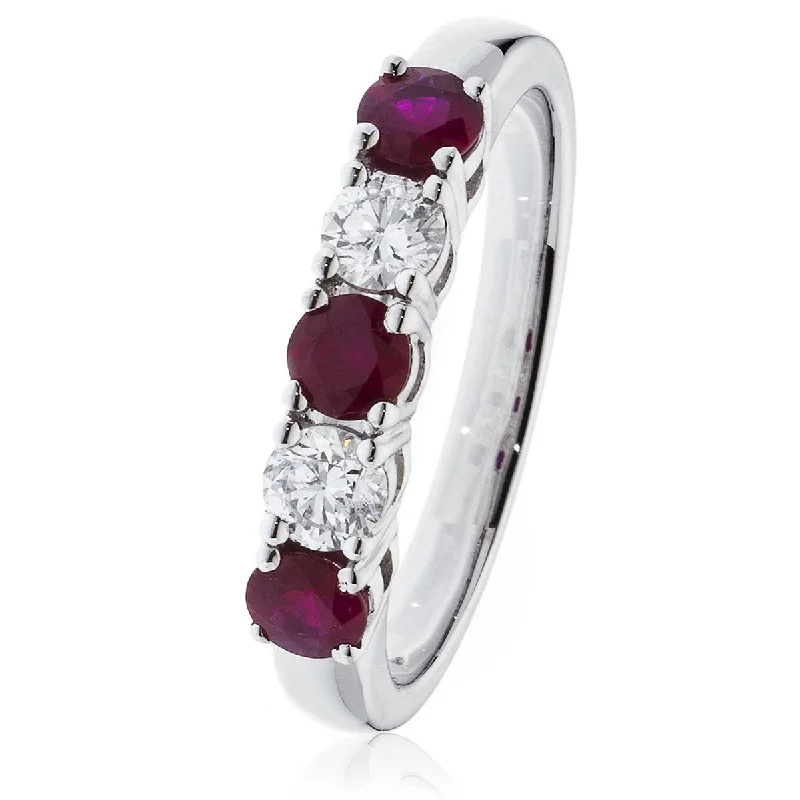 Ladies boho-inspired diamond engagement rings -Five Stone Diamond and Ruby Ring