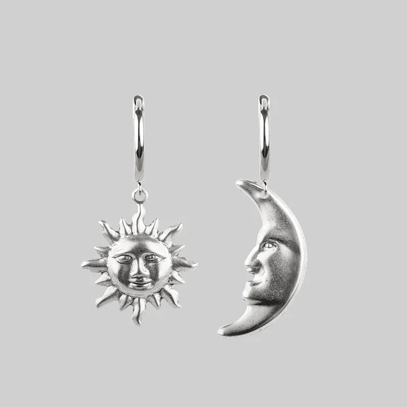 Ladies bold diamond hoop earrings -DAY TO NIGHT. Sun & Moon Hoop Earrings - Silver