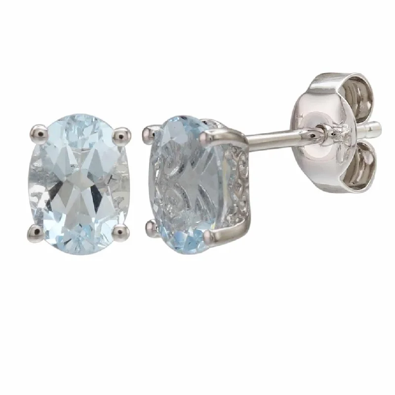 Ladies sparkling aquamarine earrings -March Birthstone Earrings: 14K White Gold Oval Aquamarine Earrings