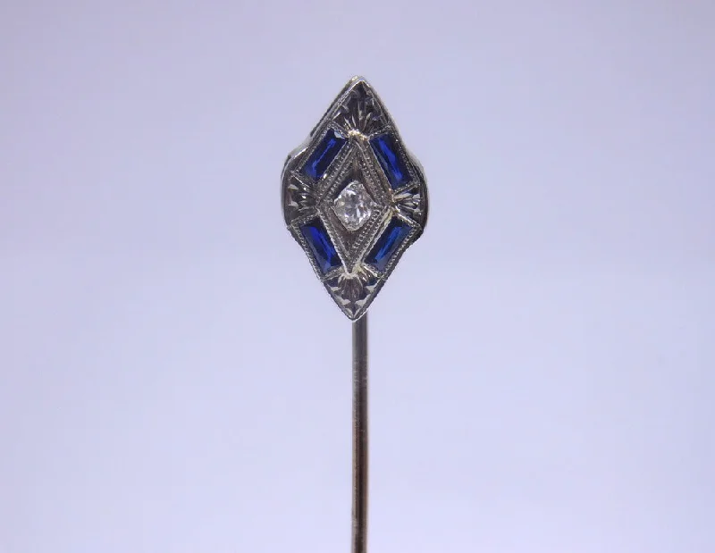 Ladies bold silver engagement rings -14K ART DECO DIAMOND AND BLUE STONE STICK PIN