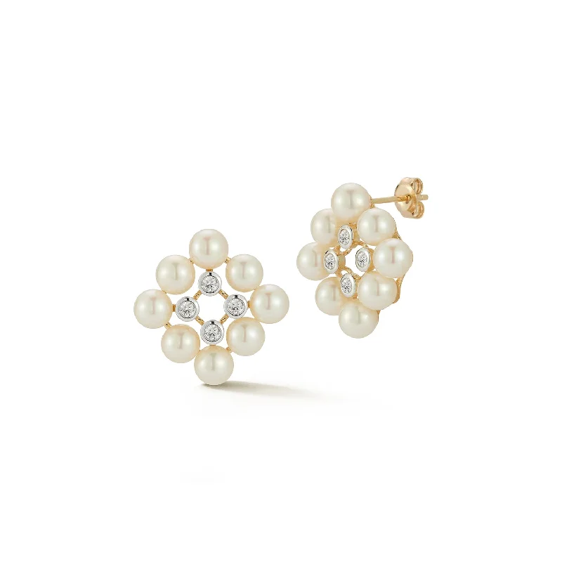 Ladies elegant emerald stud earrings -14kt Pearls and Diamond Cluster Stud Earrings