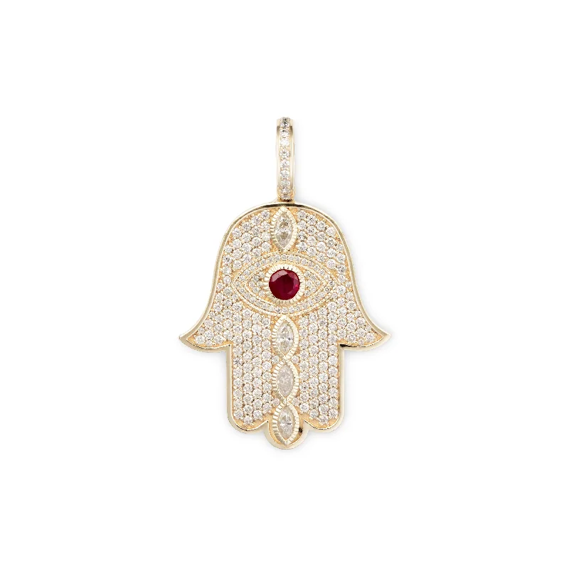 Bold chunky necklaces for women -LARGE RUBY + MARQUISE DIAMOND PAVE HAMSA CHARM