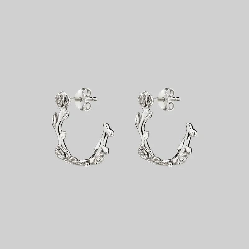 Elegant diamond stud earrings for ladies -SARAH. Rose Foliage Hoops - Silver