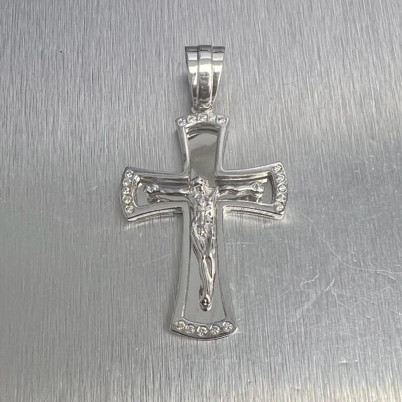 Delicate silver chain necklaces for women -14k White Gold Diamond 1.75" Crucifix Cross Shadowbox Mirror Pendant 0.25ctw