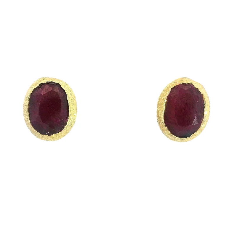 Vintage-inspired crystal earrings for women -18K Yellow Gold Vermeil Oval Ruby Stud Earrings