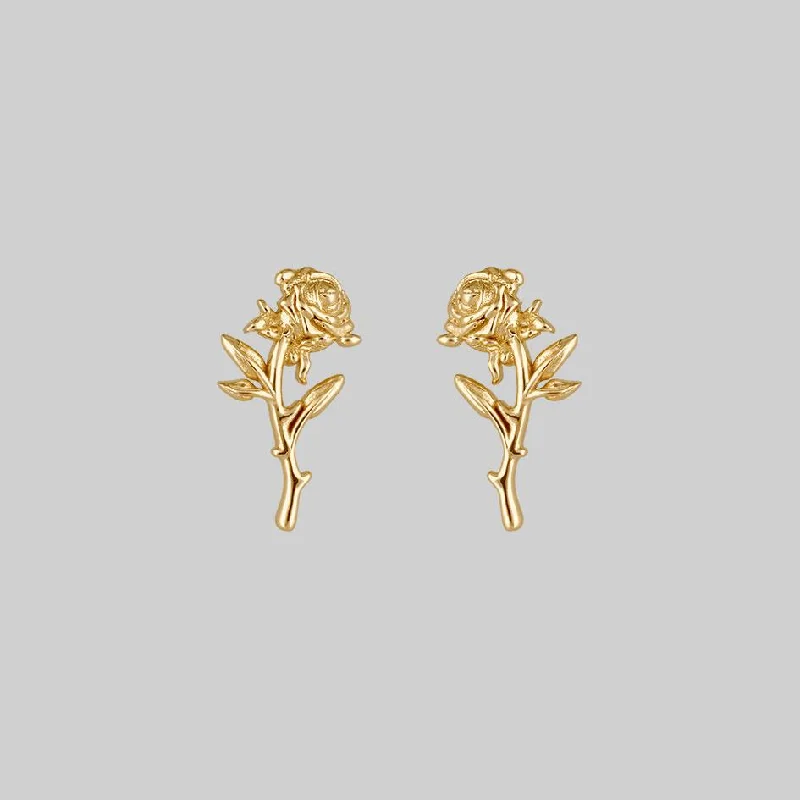 Ladies lightweight hoop earrings -AMOR. Rose Stem Stud Earrings - Gold