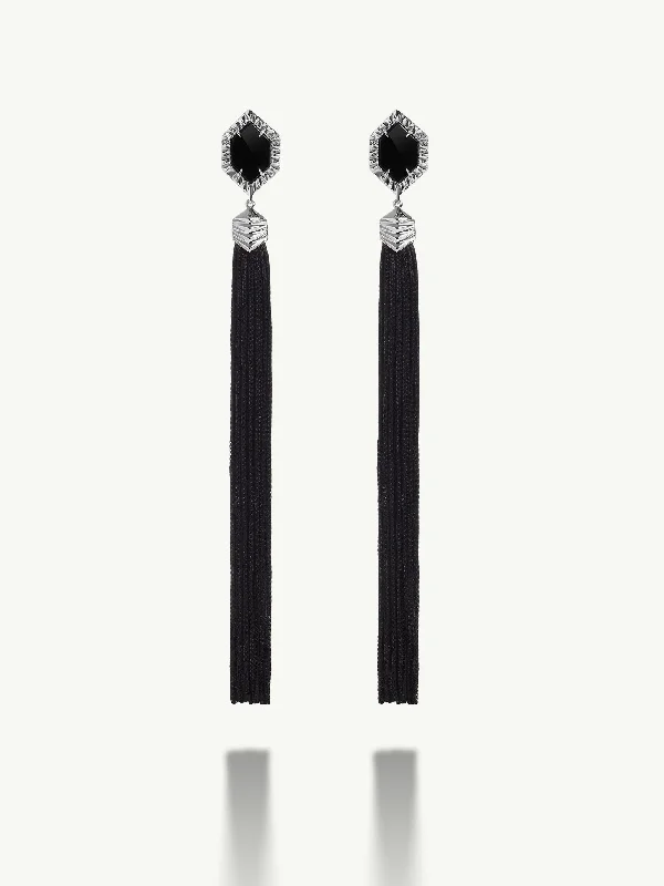 Elegant silver stud earrings for women -Alexandria Tassel Earrings With Black Onyx Agate In 18K White Gold