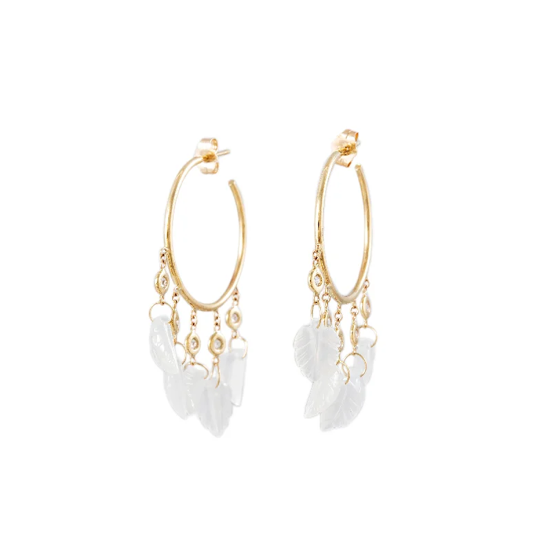 Simple gold drop earrings for women -5 DIAMOND MOONSTONE LEAF SHAKER HOOPS