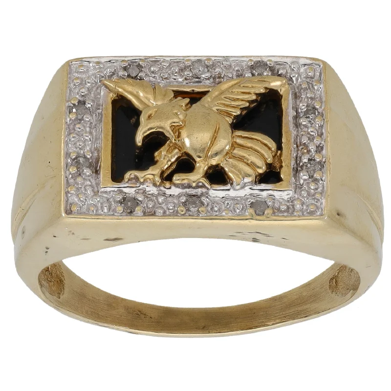 Ladies moonstone engagement rings -9ct Gold Onyx & 0.10ct Diamond Crest/Emblem Signet Ring Size U