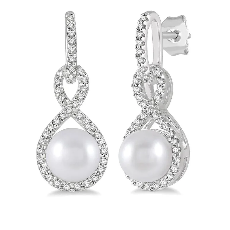 Simple diamond drop earrings for women -10K White Gold Pearl And Diamond Drop Earrings