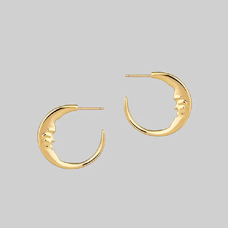 Ladies minimalist pearl earrings -GOOD NIGHT. Man in the Moon Crescent Earrings - Gold