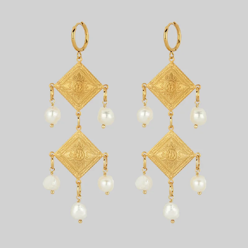 Ladies elegant onyx earrings -BANQUET. Pearl Chandelier Hoop Earrings - Gold