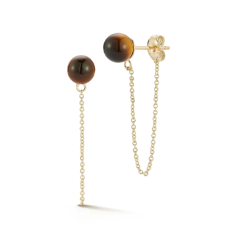 Ladies sparkling aquamarine earrings -14kt Tigers Eye Studs with Chain Drop Earrings