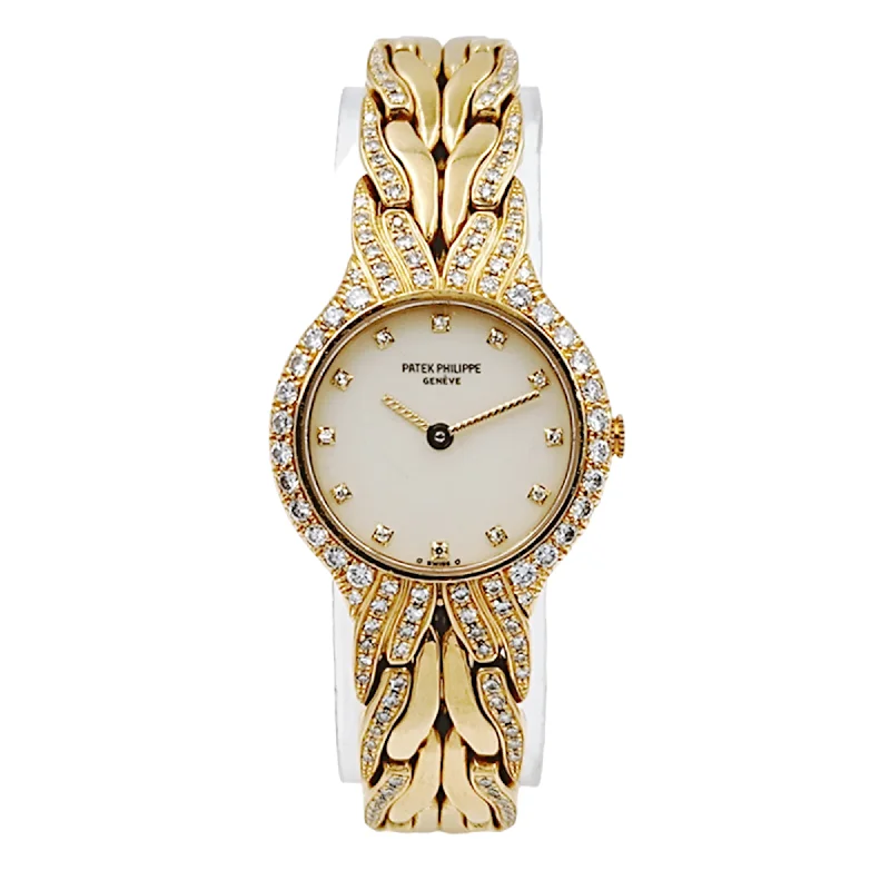 Ladies bold geometric engagement rings -Ladies Patek Philippe 23mm La Flamme 18K Yellow Gold Watch with Cream Diamond Dial and Diamond Bezel. (Pre-Owned Model 4816/3)