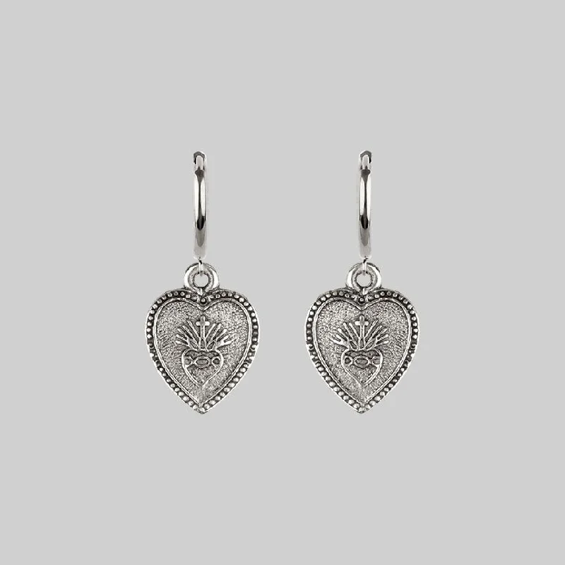 Ladies trendy silver hoop earrings -ARDOUR. Sacred Heart Hoop Earrings - Silver