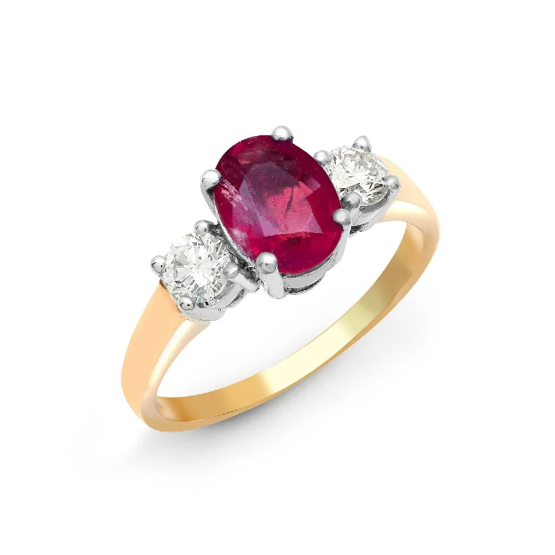 Trendy silver three-stone engagement rings -18ct Yellow Gold 3 Stone Diamond And Ruby Ring