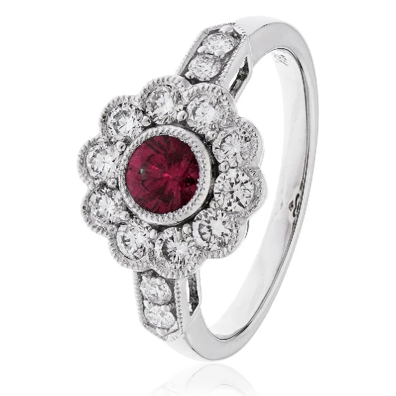 Elegant silver diamond engagement rings -18ct White Gold Ruby Cluster Ring with Side Diamonds