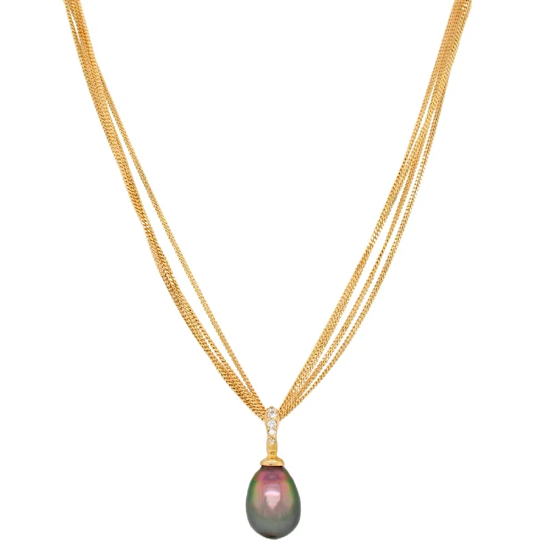 Ladies onyx necklaces -Vintage Tahitian Black Pearl Pendant - 14k Yellow Gold Chain Necklace 18"