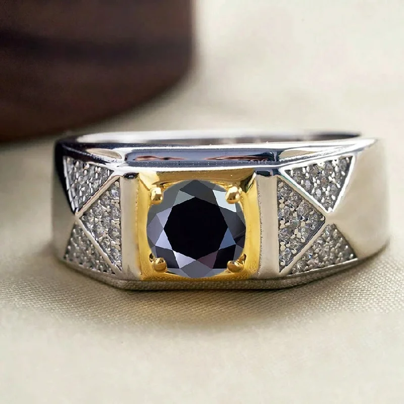 Modern diamond oval engagement rings -Hallmarked Two Tone Silver Ring With Black Diamond For Men