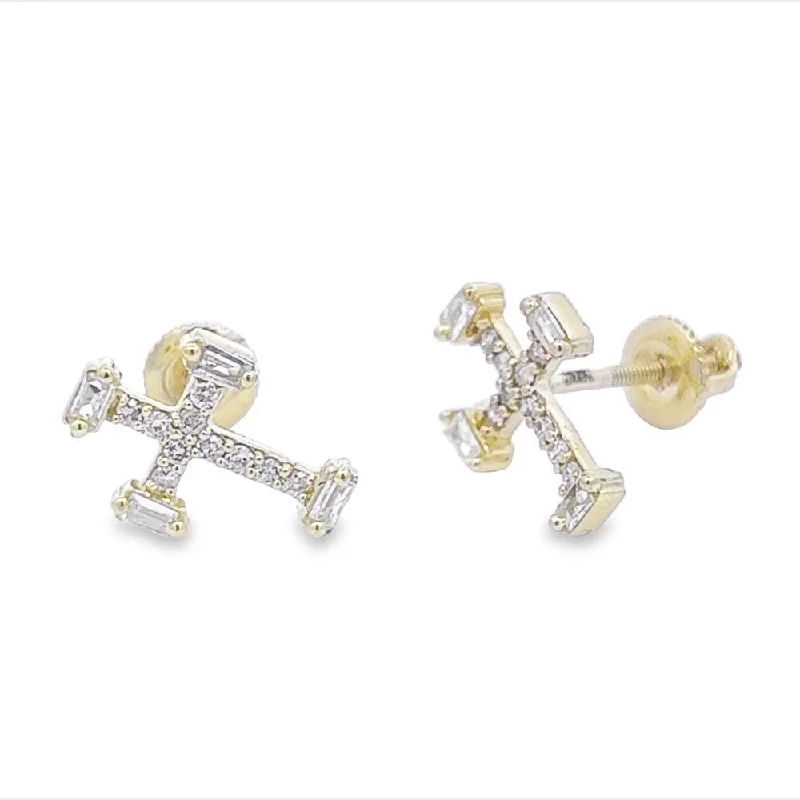 Ladies minimalist pearl earrings -Baguette Tip Cross Diamond Earrings .32cttw 10K Gold