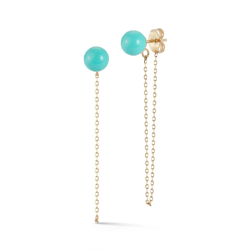 Ladies bold statement hoop earrings -14kt Turquoise Stud with Chain drop earrings