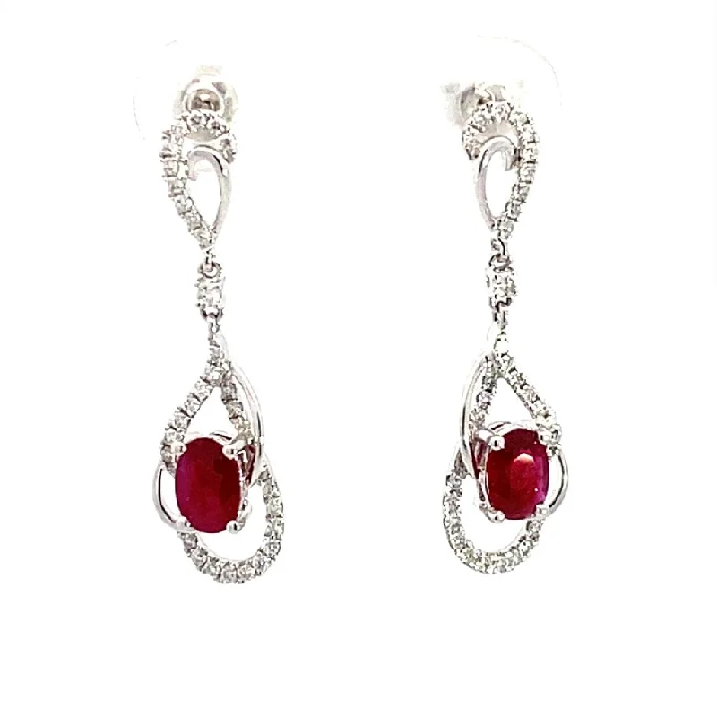 Ladies bold geometric earrings -14K White Gold Ruby And Diamond Dangle Earrings