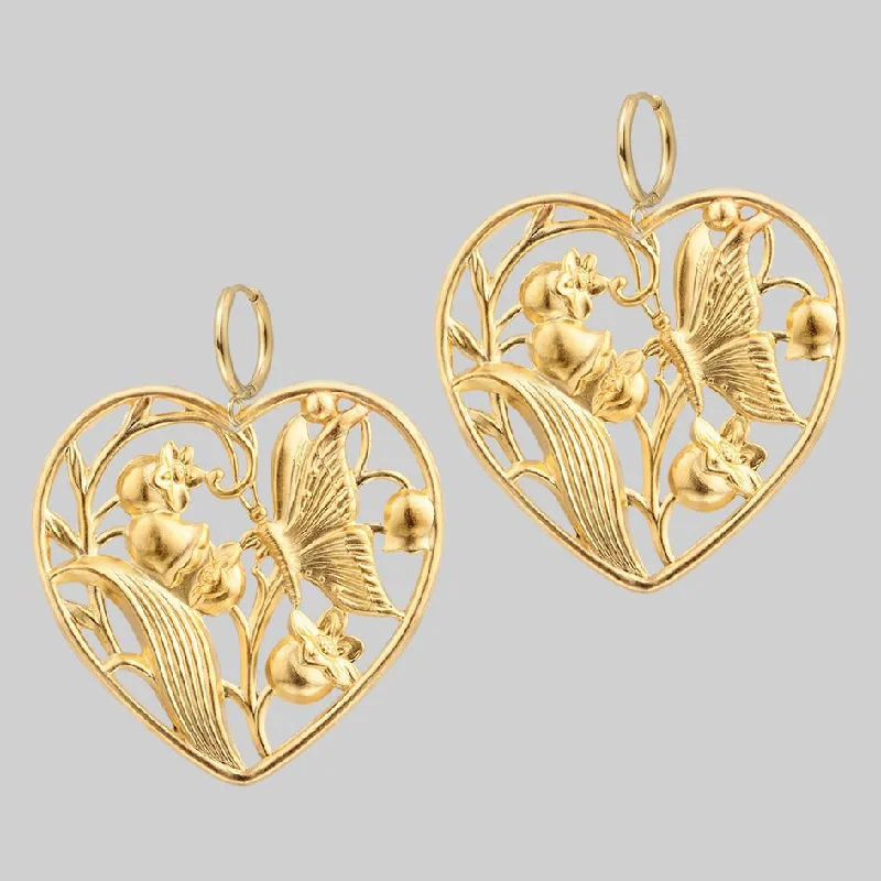 Ladies bold geometric earrings -EPHEMERA. Blooming Heart Hoop Earrings - Gold