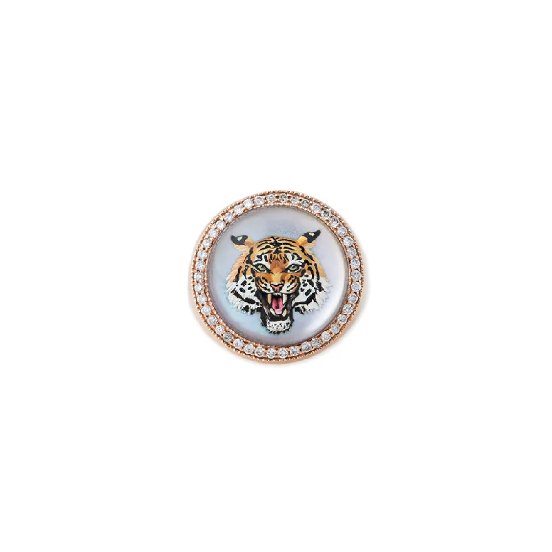 Trendy gold halo engagement rings -PAVE DIAMOND TIGER MOTHER OF PEARL SIGNET RING