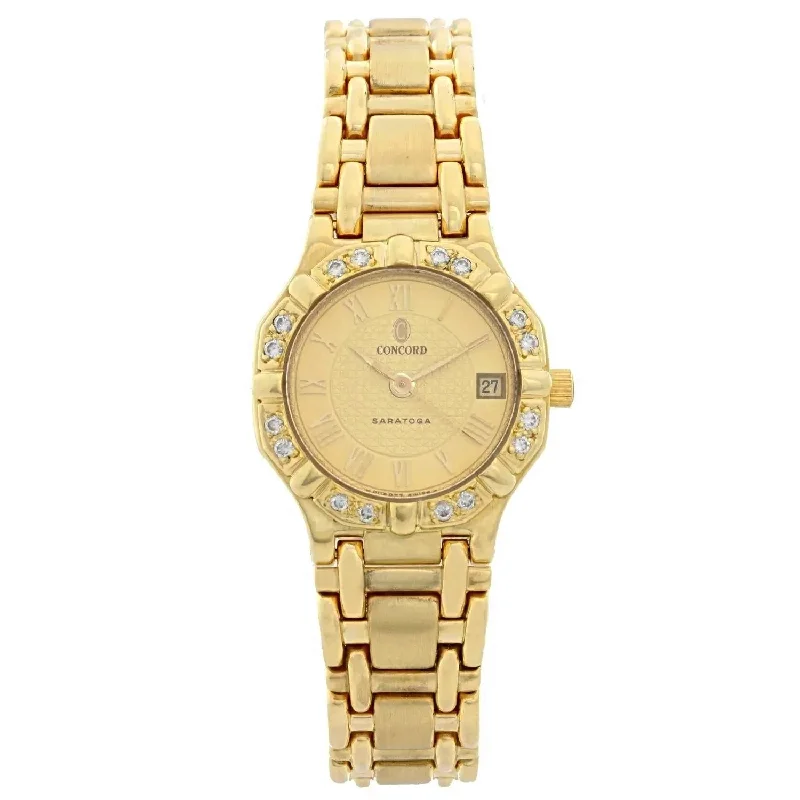 Modern diamond three-stone engagement rings -Ladies Concord Sarento 24mm Solid 18K Yellow Gold Band Watch with Roman Numeral Gold Dial and Diamond Bezel. (Pre-Owned)