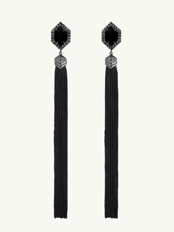 Ladies elegant garnet earrings -Alexandria Shoulder Duster Tassel Earrings In Blackened Silver