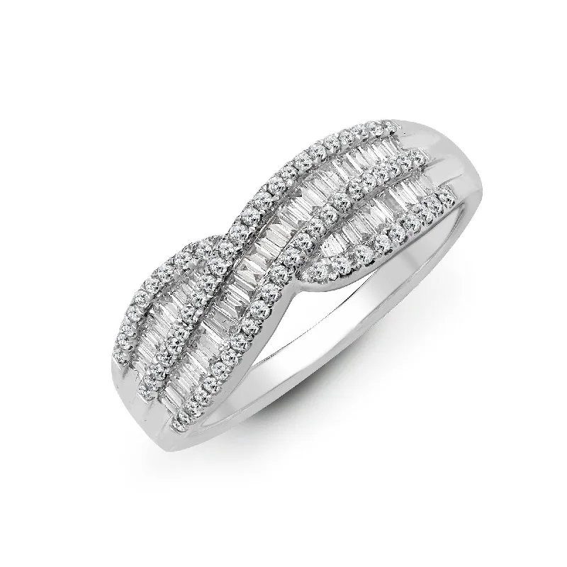 Modern platinum halo engagement rings -18ct White 0.69ct Diamond R.B.C & Baguette Ring